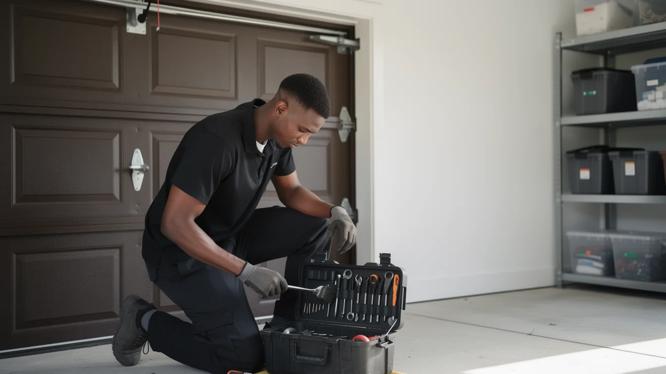 A technician kneels in a garage, looking into an open toolbox.