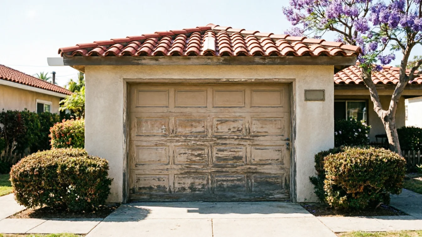 The garage door is peeling and discolored on a stucco garage with a tile roof.